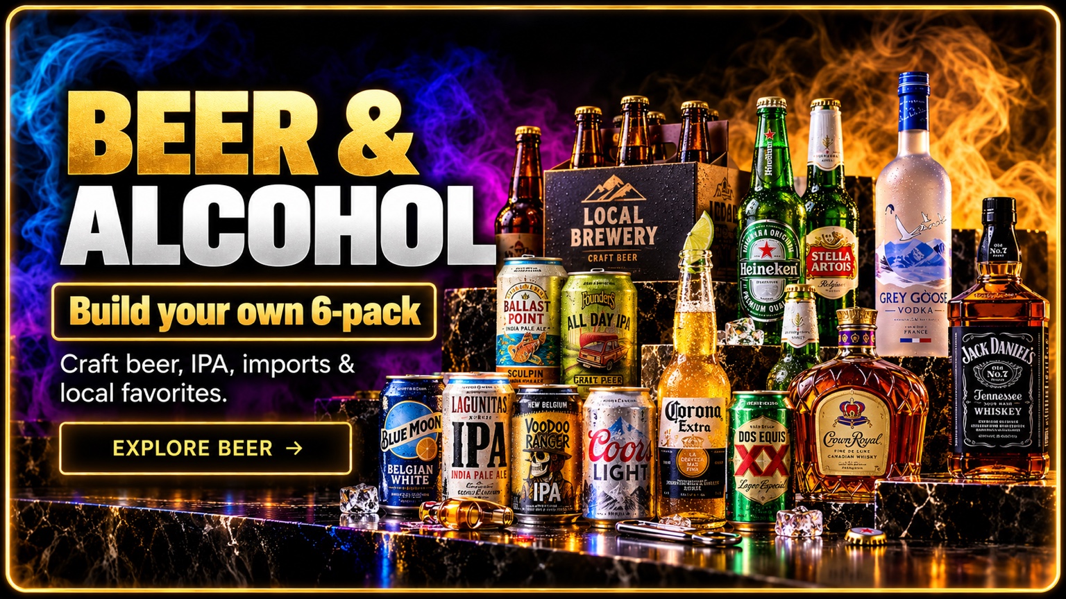 Beer and Alcohol – build-your-own six packs, craft beers, IPAs and imports