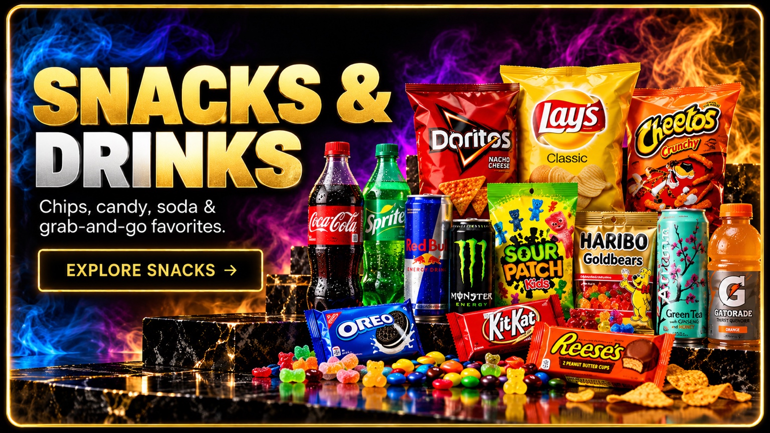 Snacks and Drinks – chips, candy, soda and grab-and-go favorites