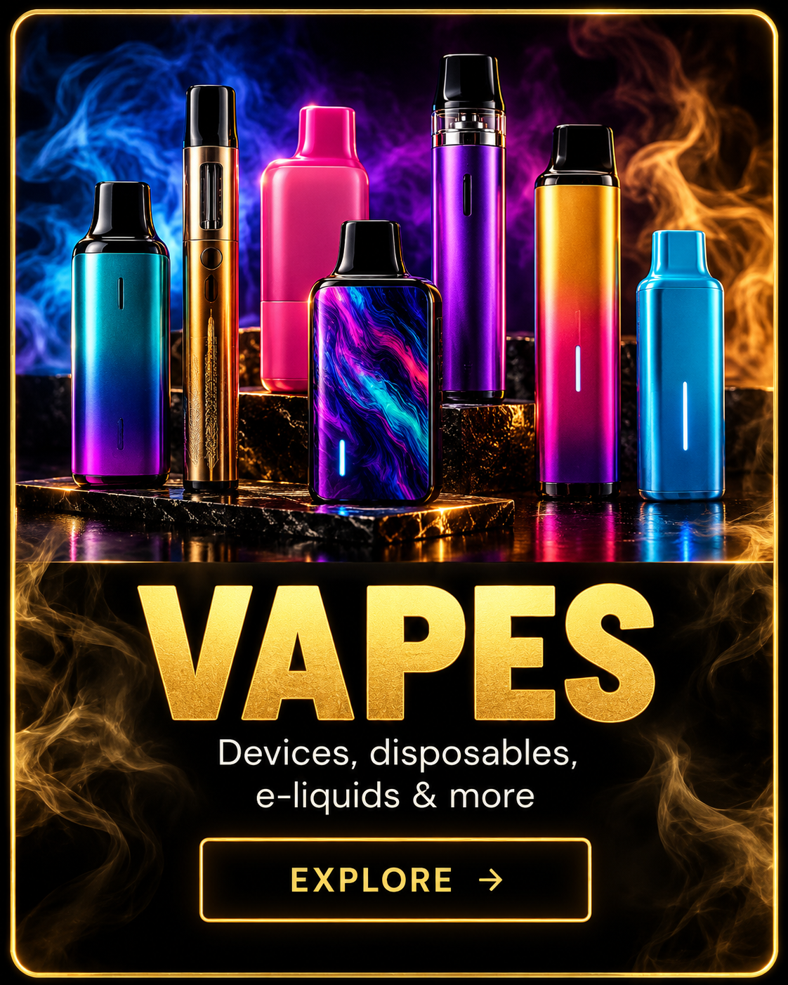 Vapes – colorful selection of vape devices at DJ's Smoke Shop